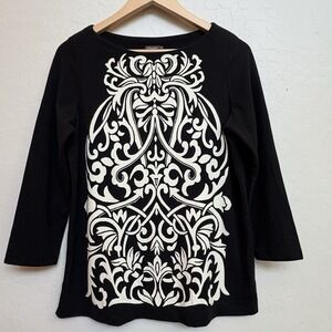 J. Mclaughlin Black Bainbridge Fabric Black 3/4" Floral‎ Vines Print Shirt Med